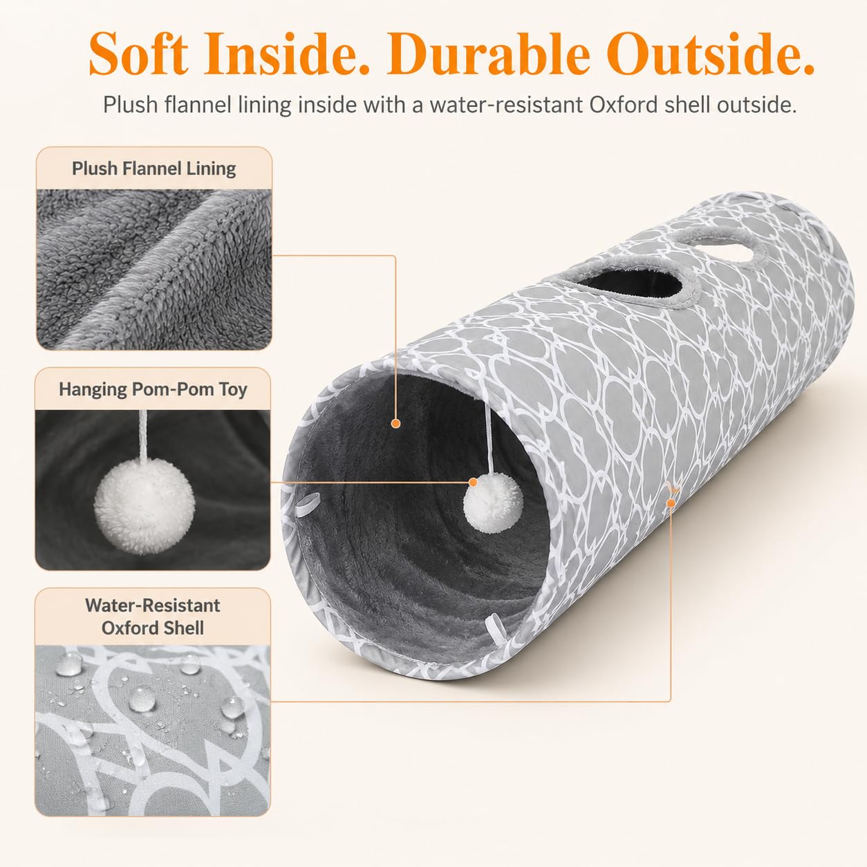 Túnel geométrico para gatos con felpa en el interior, juguetes para gatos, tubo de túnel plegable con bolas, para conejos, gatitos, hurones, cachorros y perros (gris-blanco-XL)