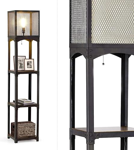 64"H, hierro vintage con estantes de madera lámpara de pie (hierro negro)