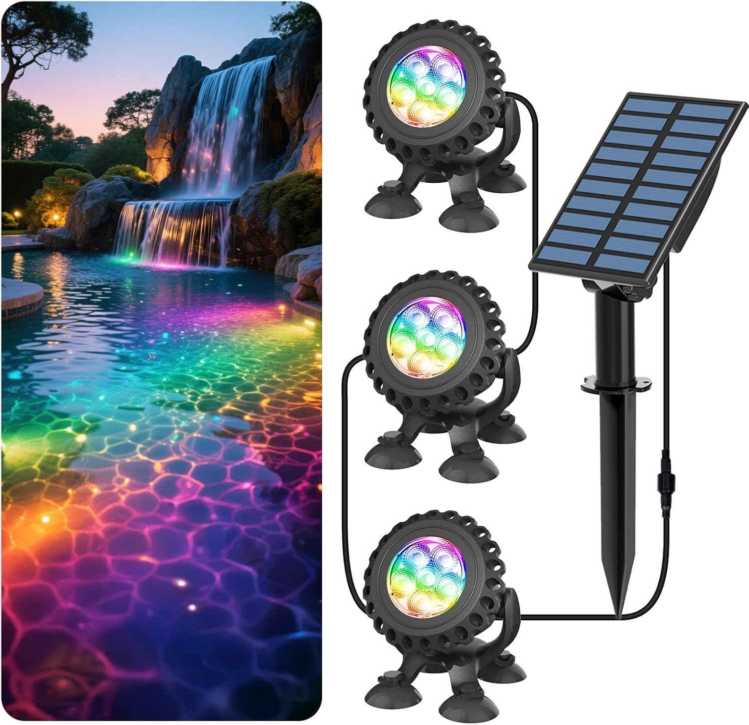 T-SUN Solar Pond Lights, 3-in-1 RGB Solar Underwater Pond Lights, IP68 Waterproof Sustainable Submersible Light for for Pond, Garden, Patio, Fountain, Pool, Waterfall Decoration