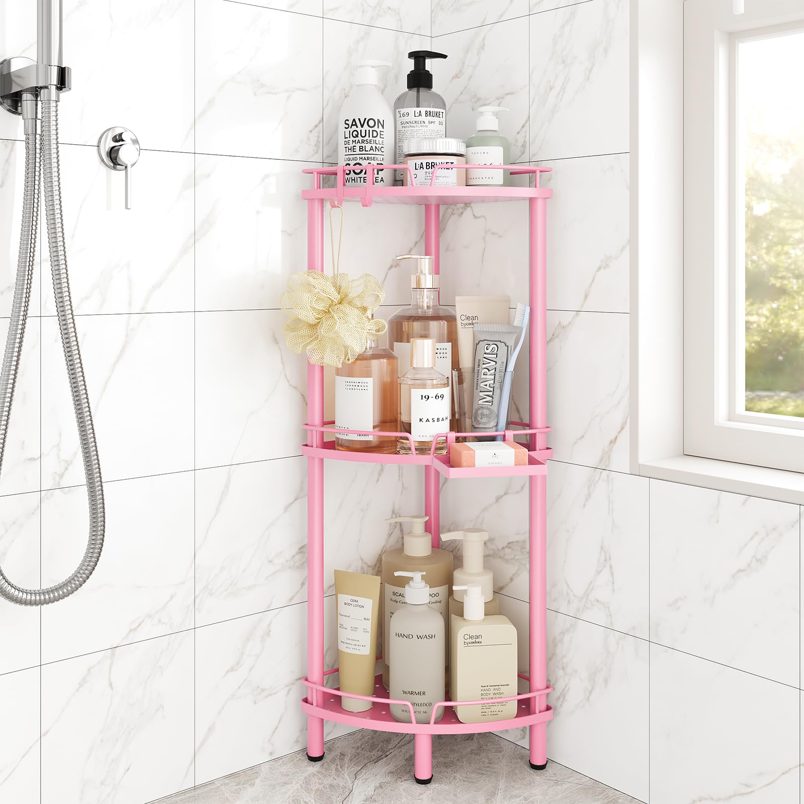 ELYKEN Corner Shower Caddy Standing, 3 Tier Rustproof Metal Shower Organizer with Soap Holder, Floor Shower Corner Shelf Rack Storage Stands with Adjustable Feet & 2 Hooks for Bathroom, Pink