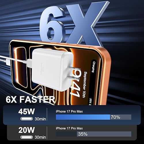 Miniatura 3 de Cargador para iPhone 17 16 Pro Max de carga rápida, 45 W USB C iPhone 17/16 bloque de carga súper rápido con cable de carga tipo C de 10 pies de