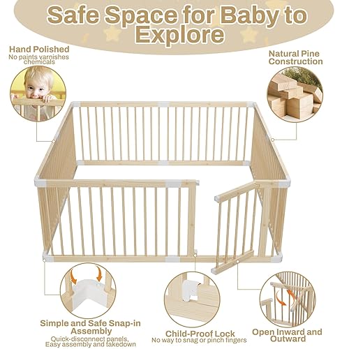 Miniatura 3 de Corralito grande de madera para bebés, puerta ajustable para niños pequeños y bebés, valla plegable con puerta, área de juegos segura y portátil