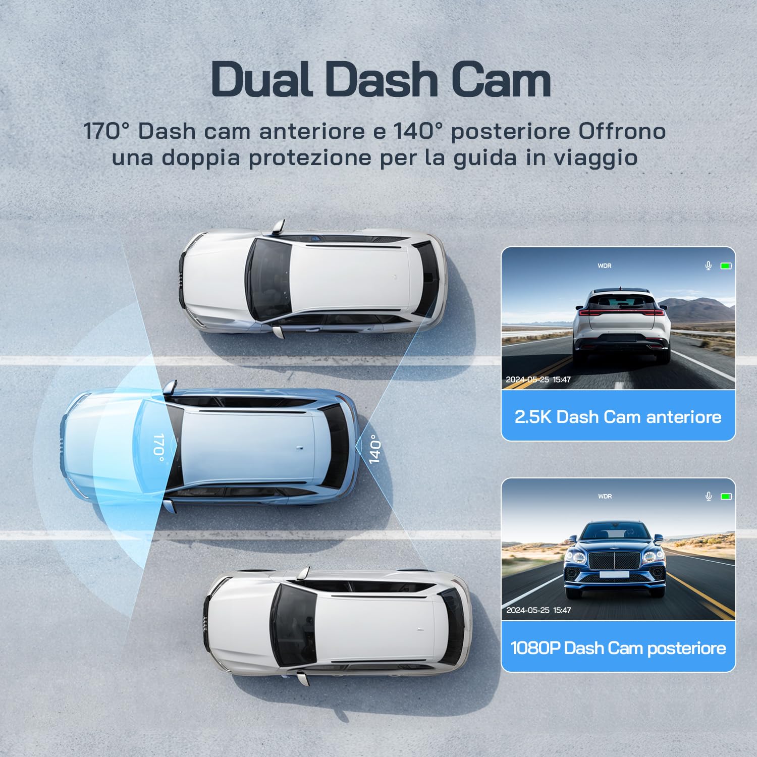 WOLFANG 2.5K Doppia Dash Cam Auto, Dash Camera IPS 3" con Grandangolo, 1440P+1080P FHD Telecamera, Visione Notturna,G-Sensor, WDR, Monitor di Parcheggio, Registrazione in Loop