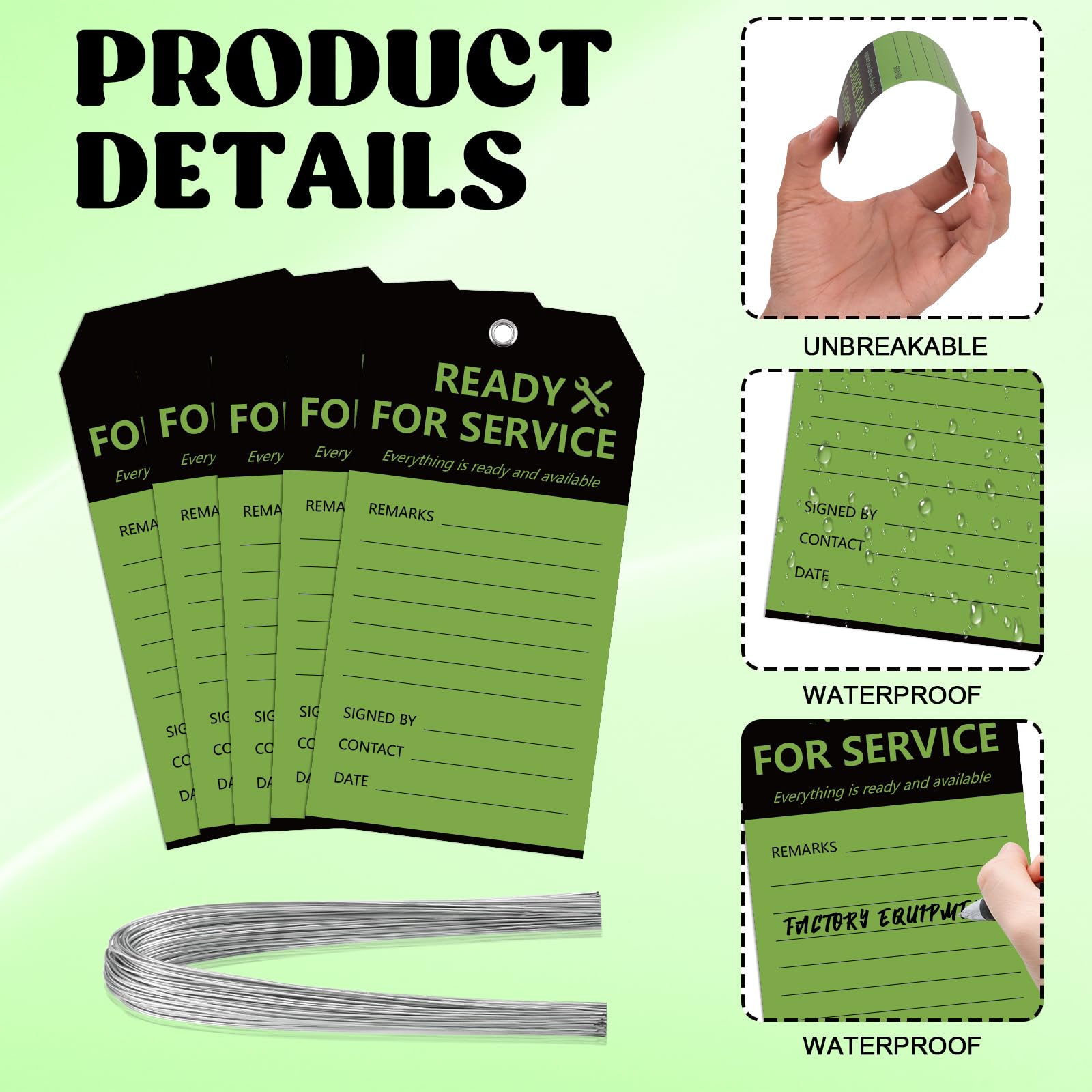 50PCS Ready For Service Tags 3" X 5 3/4" Service Repair Tags With Wire Service Tags For Equipment Black And Green Service Tags For Required - View #8