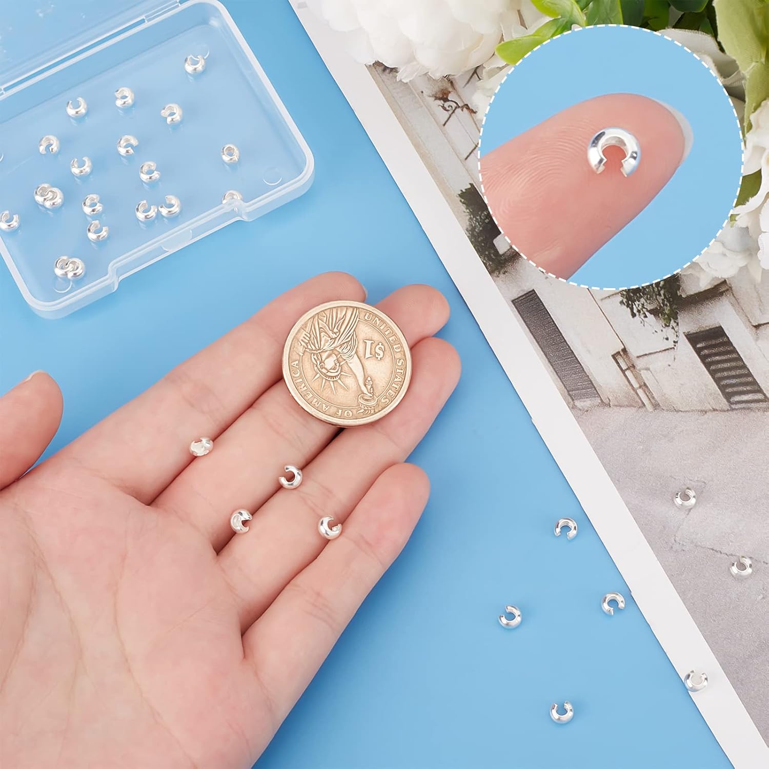 Beebeecraft 1 Box 30Pcs Crimp Beads Covers 925 Sterling Silver Bead Tips Knot Covers 4mm Half Round Open Tube Beads Knot Cover Caps for Bracelets Necklaces Jewelry Making