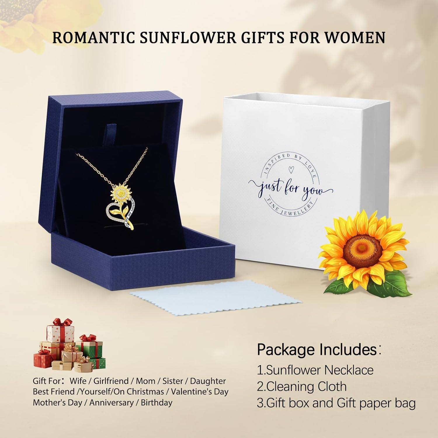 Valentine's Day Gift for Her-18k Gold Plated Sunflower Necklace for Women Wife Anniversary Birthday Gifts for Wife Her You Are My Sunshine Pendant Necklaces Gold Jewelry Gifts for Girlfriend Mom - Image 6