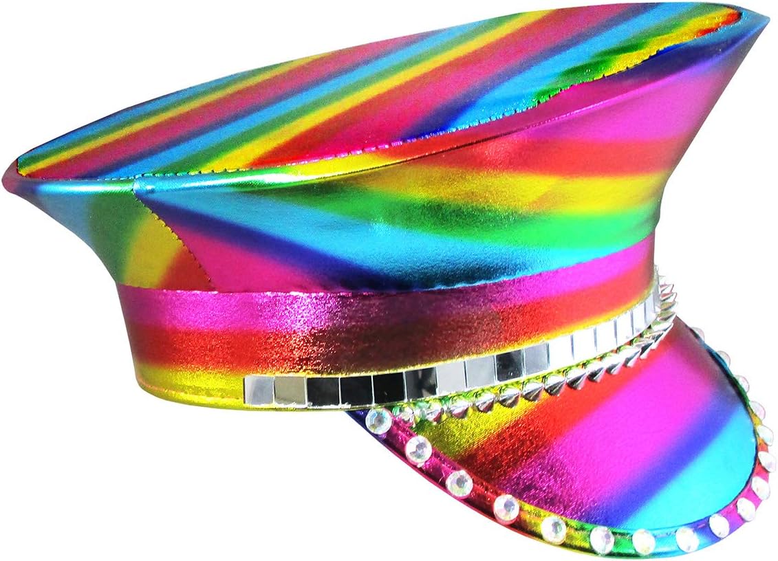 Nicky Bigs Novelties Morph Rainbow Festival Hat Holographic Multi-Color Captain’s Jeweled Hat Unisex Pride Parade Rave Bachelorette Halloween Costume Accessory