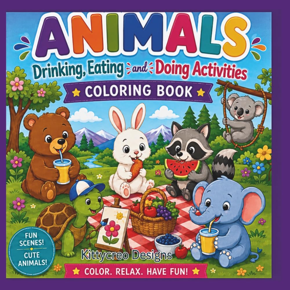 Sip, Snack & Play! Cute Animals Drinking, Eating, Playing & Exploring: A Fun and Easy Coloring Book Featuring Adorable Animals Enjoying Smoothies, Tea ... Sports, Art, Gardening, Music, and More!