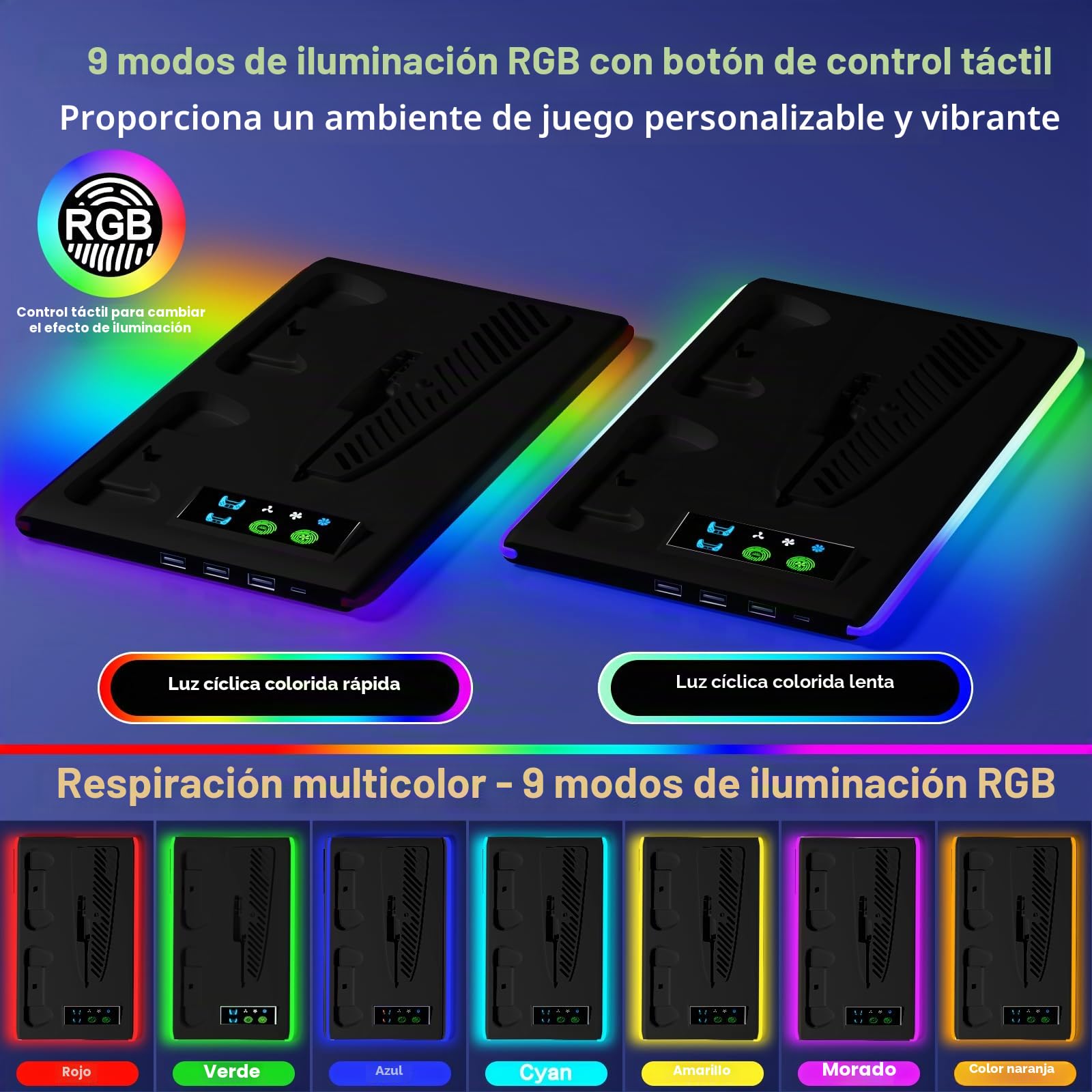 Soporte para PS5 y PS5 Slim con Ventilador de 3 Velocidades, Cargador para PS5 & Edge Mando con Luz RGB y 3 USB HUB, para Disc & Digital(Negro)