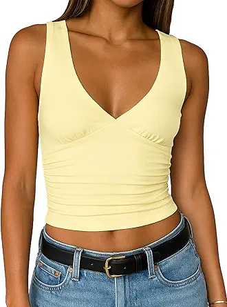 Women's Deep V Neck Crop Tank Top - Double Lined, Slim Fit, Y2K Summer Top