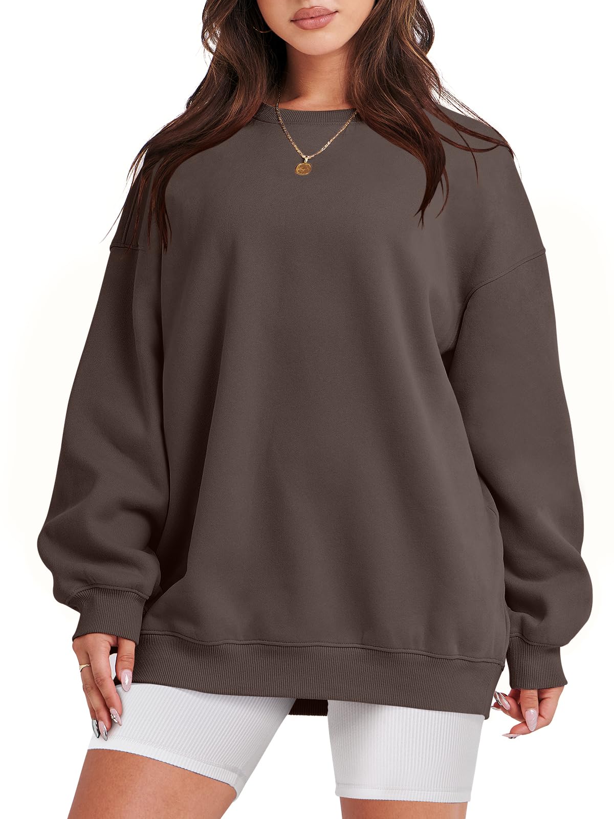 Damskie bluzy oversize bluzy z kapturem polar okrągły dekolt sweter top codzienne jesienne stroje preppy ubrania nastolatki 2024 A1019 światło, Jeden kolor, Dark Brown_S