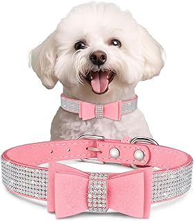 Crystal Dog Collar with Bow Tie Rhinestone Puppy Collars Bling for Small Dogs Boy Girl(Pink,S)