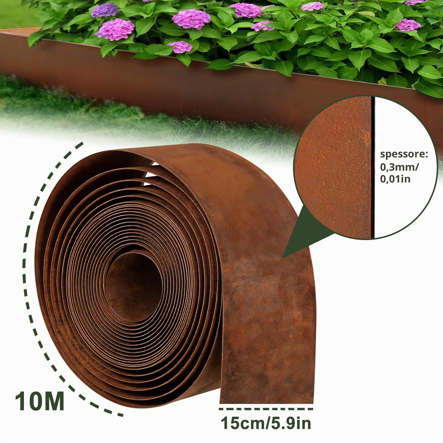 Cortenstahl - Bordo per aiuole in metallo, 10 m, altezza 15,5 cm, in acciaio inox, per piante e aiuole