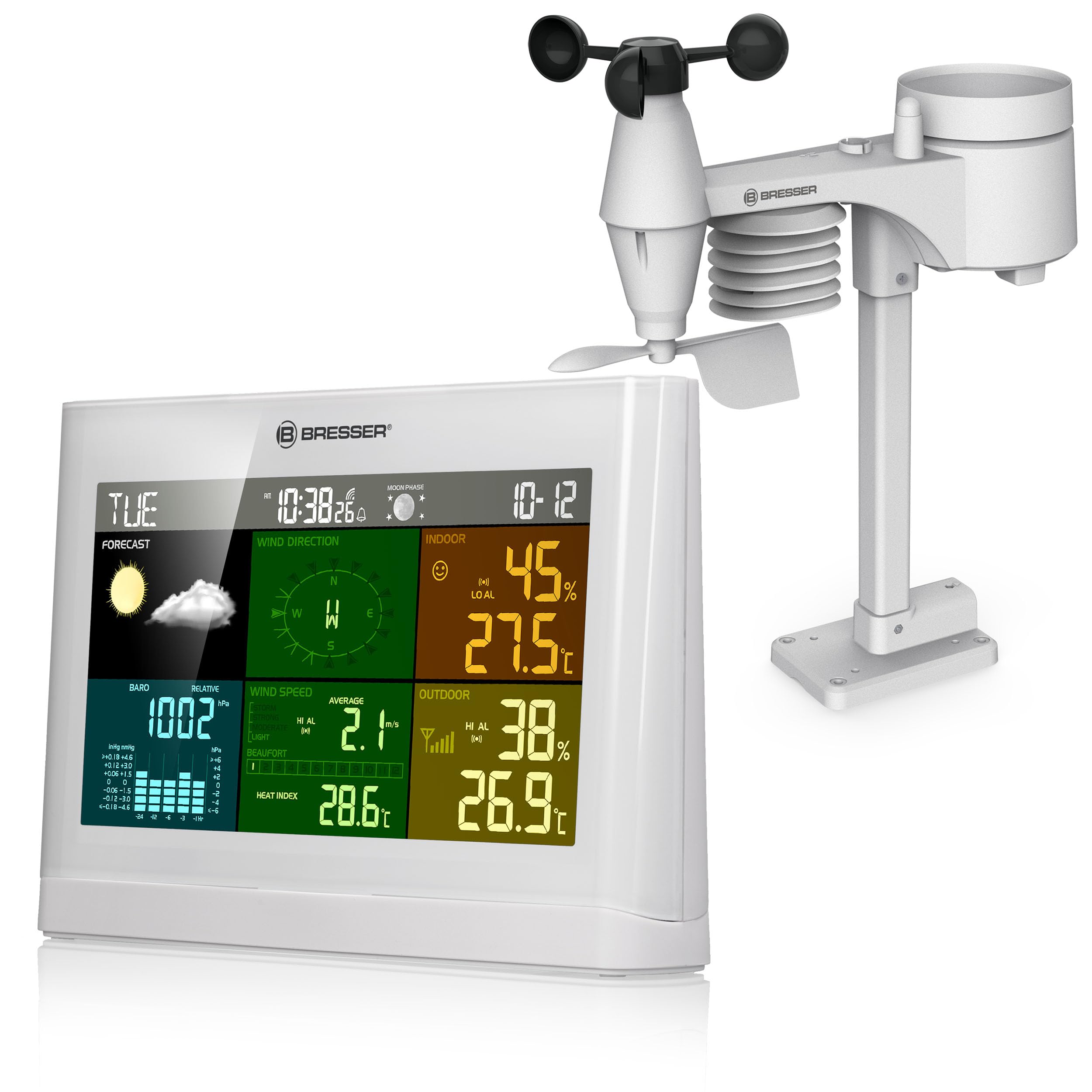 Bresser Wetterstation Funk mit Außensensor Wetter Center mit 5-in-1 Außensensor (Temperatur, Luftdruck, Luftfeuchtigkeit, Windmesser, Regenmesser), weiß