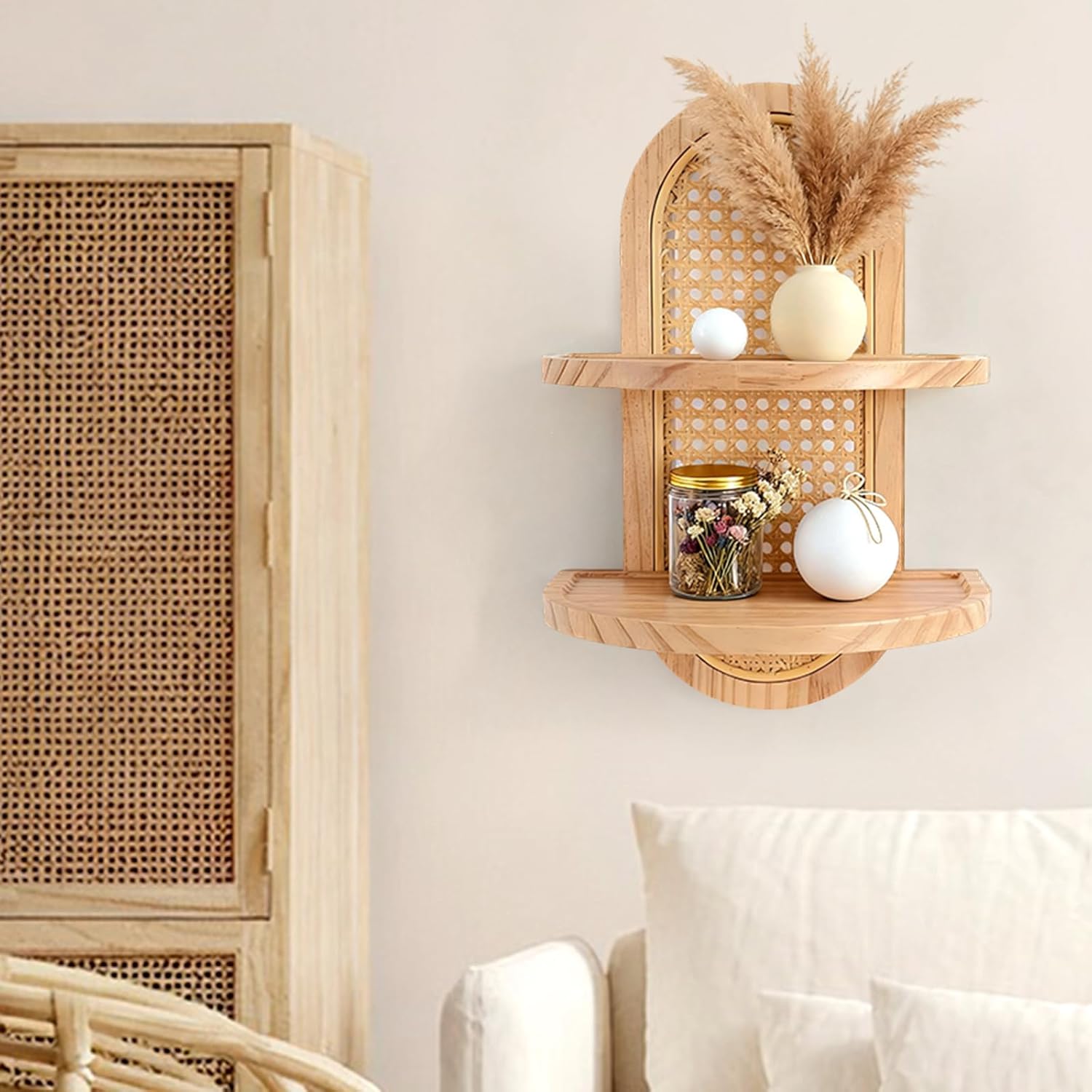 Boho Wall Decor Floating Shelf, Mid Century Modern Decor Wood Shelves, Boho Wall Art 2-Tier Plant Shelf for Bedroom Bathroom Living Room Home Office