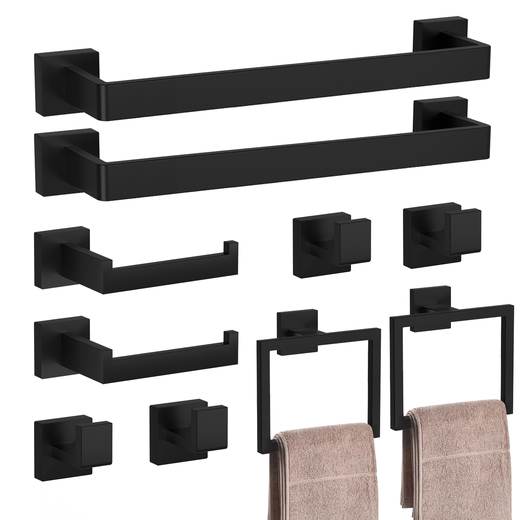 Bathroom Hardware Set Matte Black 10-Pieces Bathroom Towel Rack SUS304 Stainless Steel Bath Towel Bar Set, Towel Racks Wall Mounted.