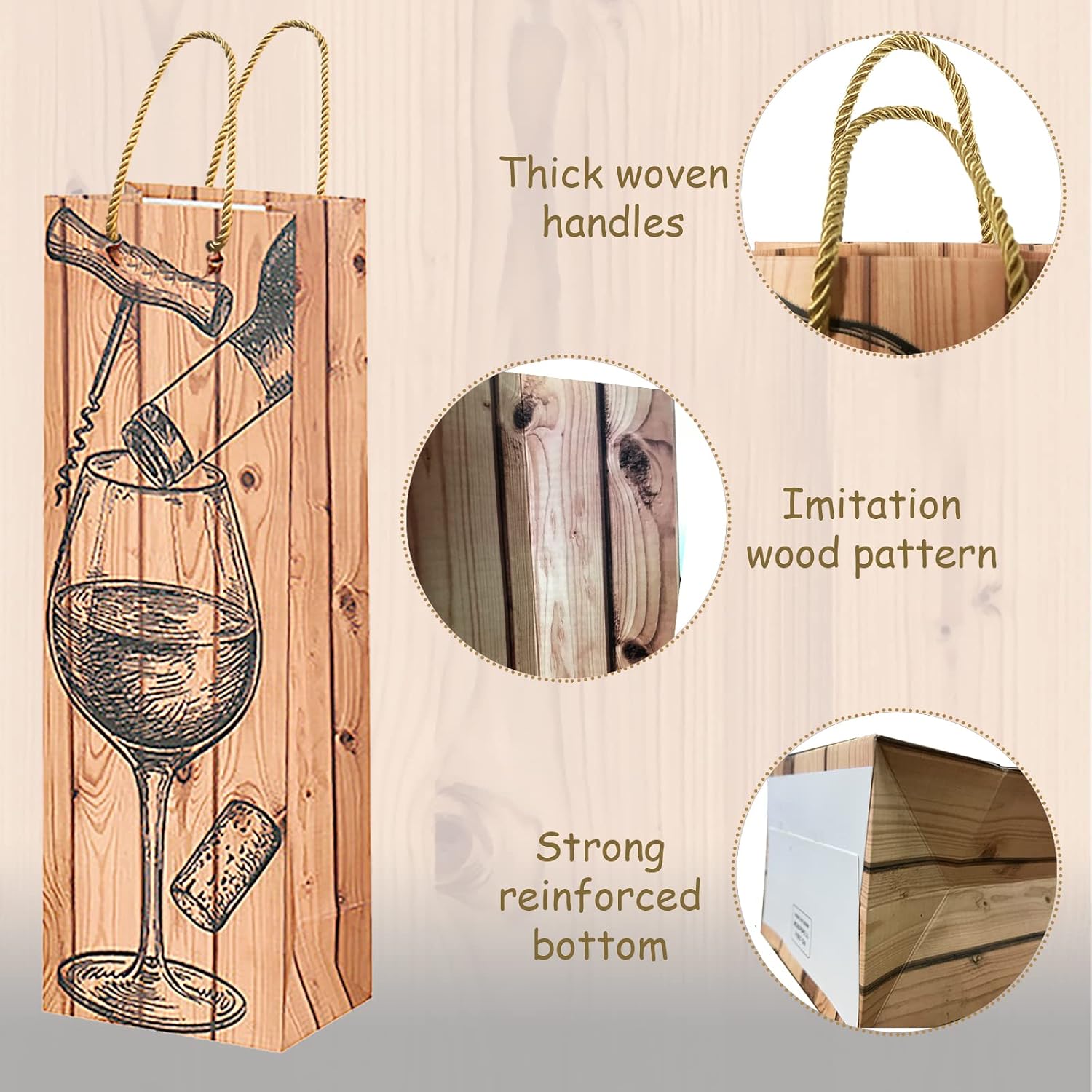 Wine Gift Bags - 12 Pack Paper Wine Bags Set with Wood Grain for Holiday, Wedding, Birthday Party Favors image 2