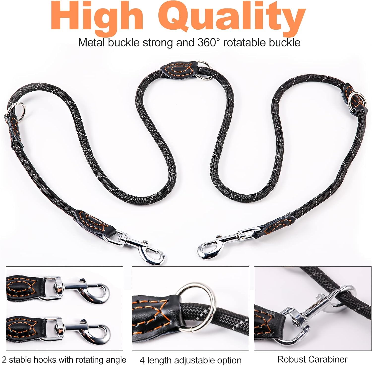 Trhillsbrad Guinzaglio per cani, 5 m x 14 mm, regolabile, per cani di taglia media, multifunzione, doppio guinzaglio, robusto, nero