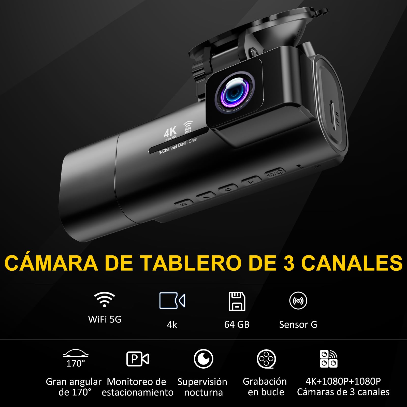 3 Canales Dash CAM Coche, 4K+1080P+1080P Camara Coche, 5G WiFi, Tarjeta 64G, Pantalla 3.16", Super Visión Nocturna, Gran 170°, WDR, Grabación de Bucle, G-Sensores, Monitorización 24 Horas para Coche