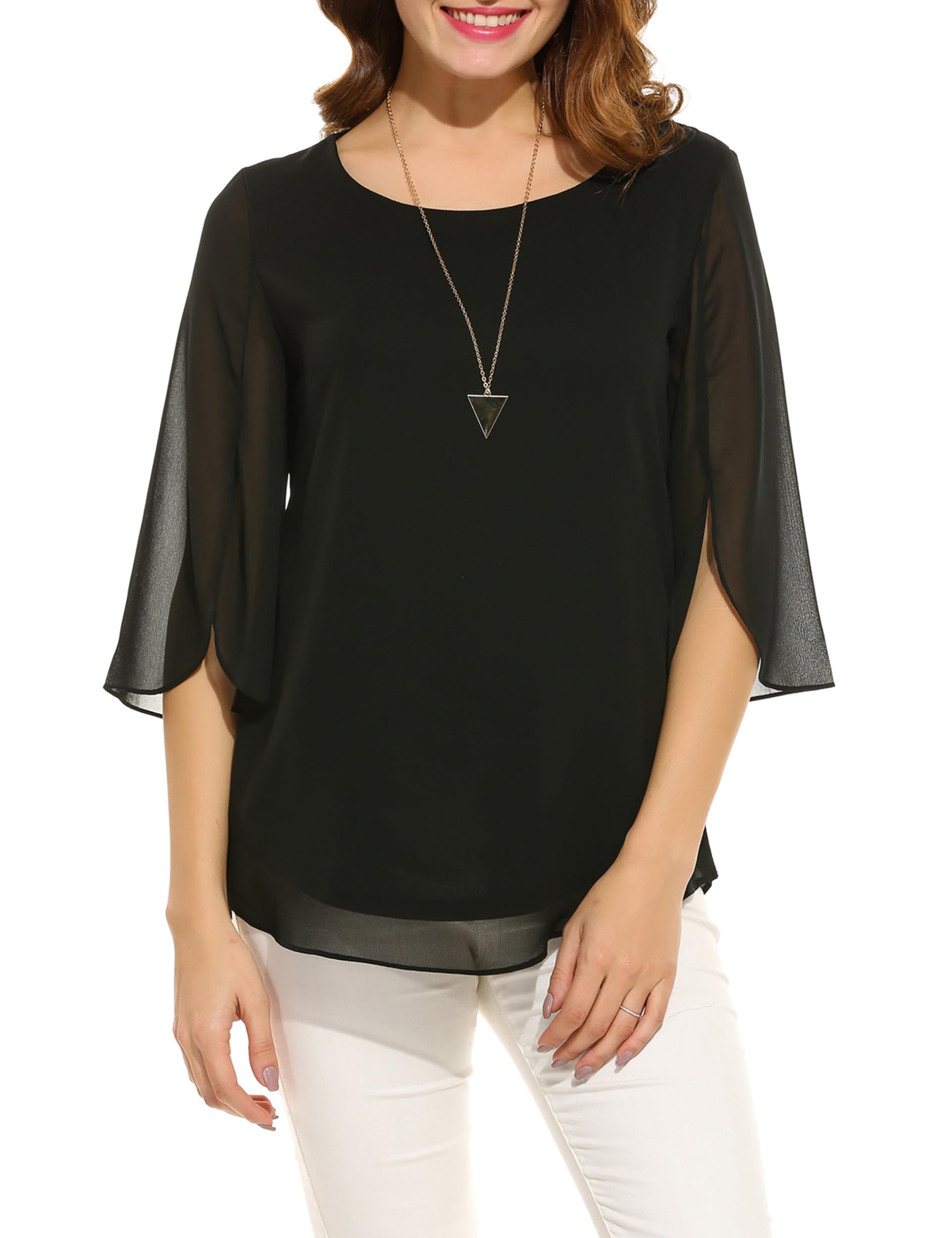Timuspo Blusa de gasa de manga media para mujer, verano, cuello redondo, doble capa, túnica fluida