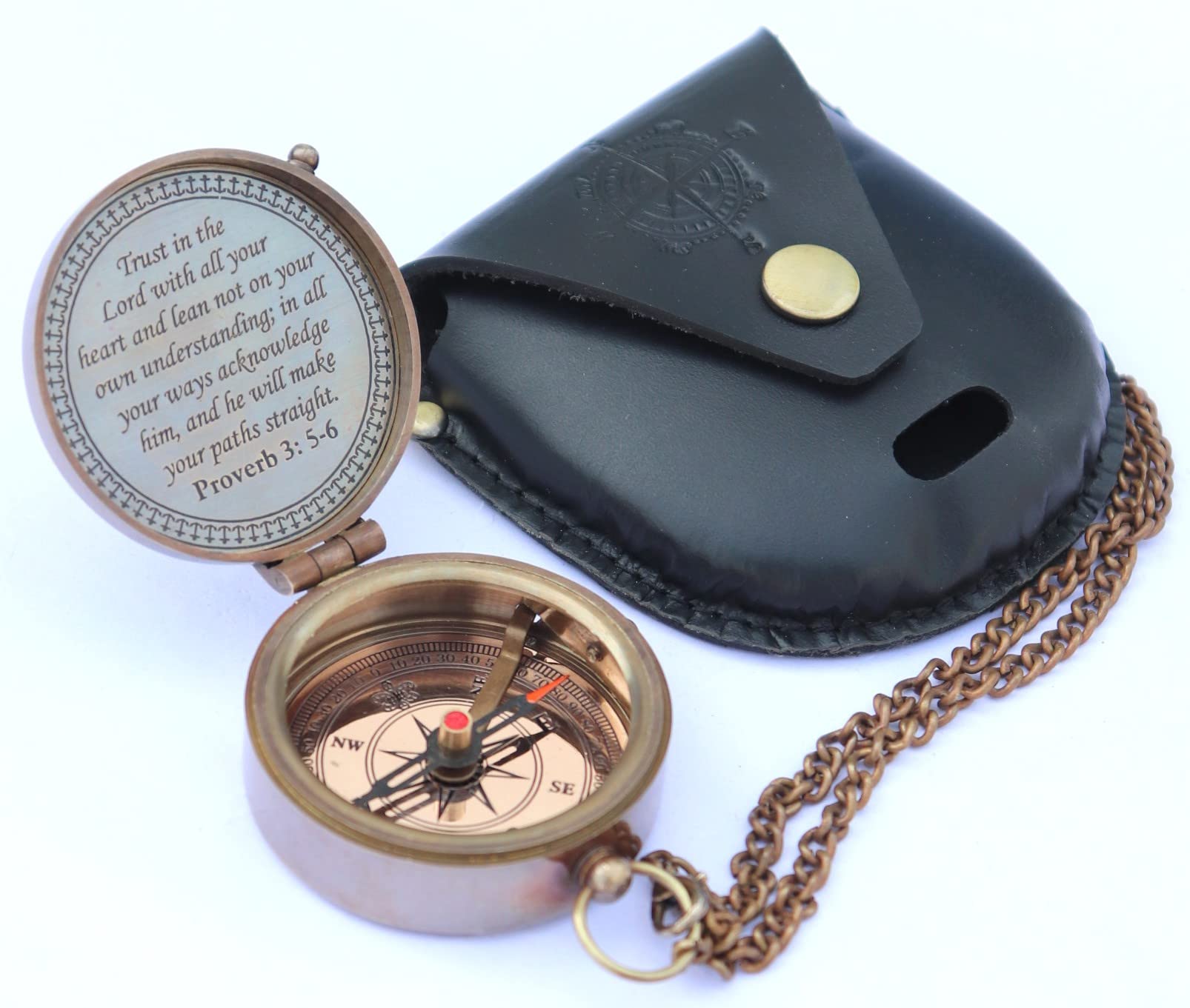 MADSNIIB Brújula de latón grabada para dirección, camping, senderismo, brújula portátil con cadena y funda de cuero, regalo religioso, idea de regalo misionero antiguo hecho a mano, confianza en el