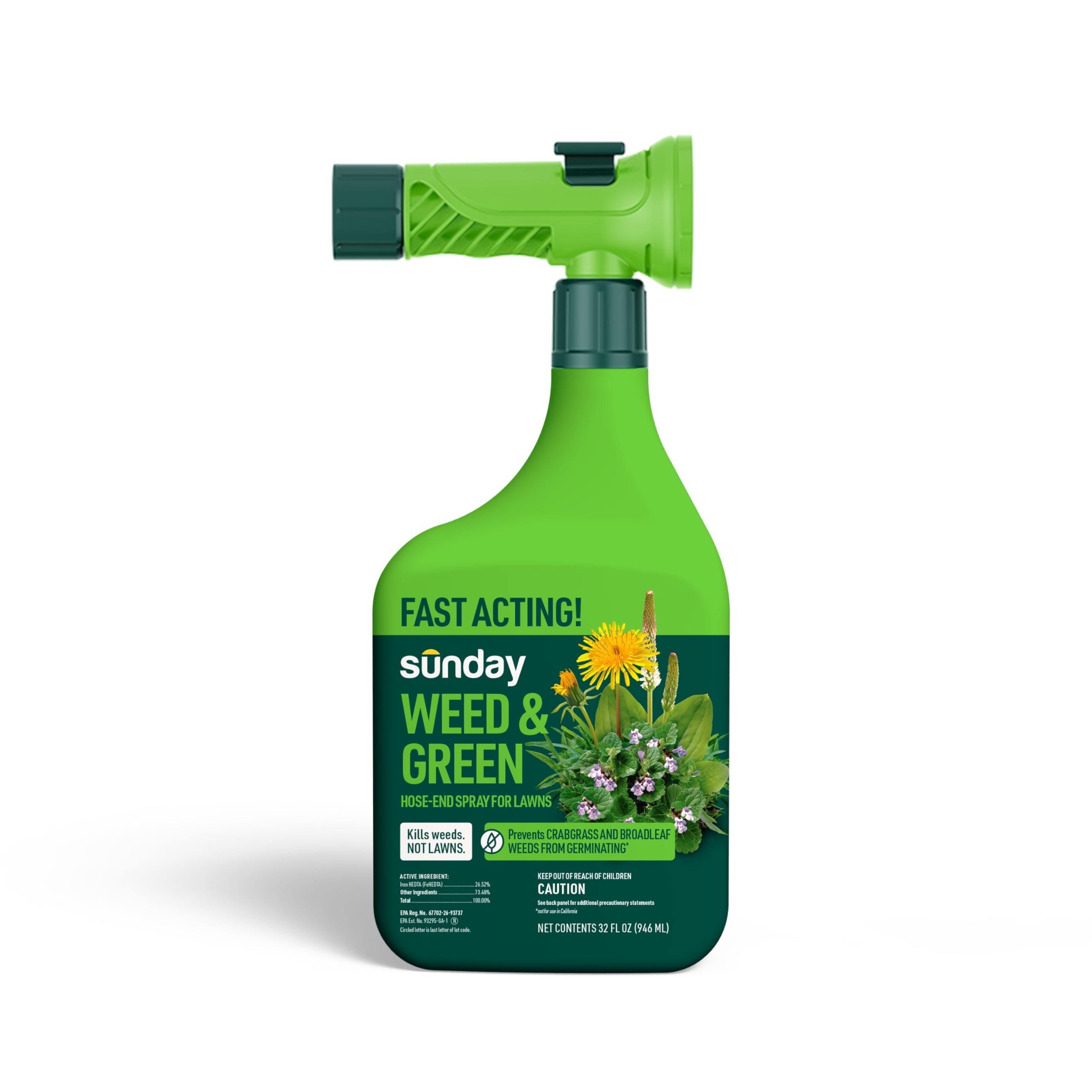 Sunday Weed & Green - Weed & Green for Lawns - Pre-Emergent & Post-Emergent Weed Killer Spray - Includes Hose-End Sprayer - for Crabgrass, Broadleaf Weeds & Lawn Diseases - Covers 1,250 sq ft - 32 oz