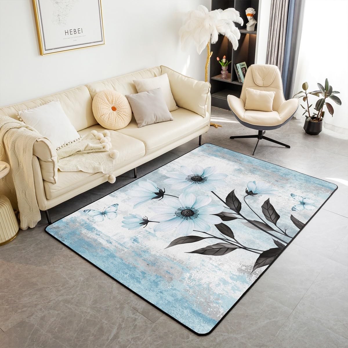 Homewish Dywan akwarelowy z kwiatami 100 x 150 cm, abstrakcyjny obraz olejny, stokrotka, dywan rustykalny, do wnętrz, mata podłogowa, ombre, niebieski, szary, biały, dekoracyjny, zmywalny dywan