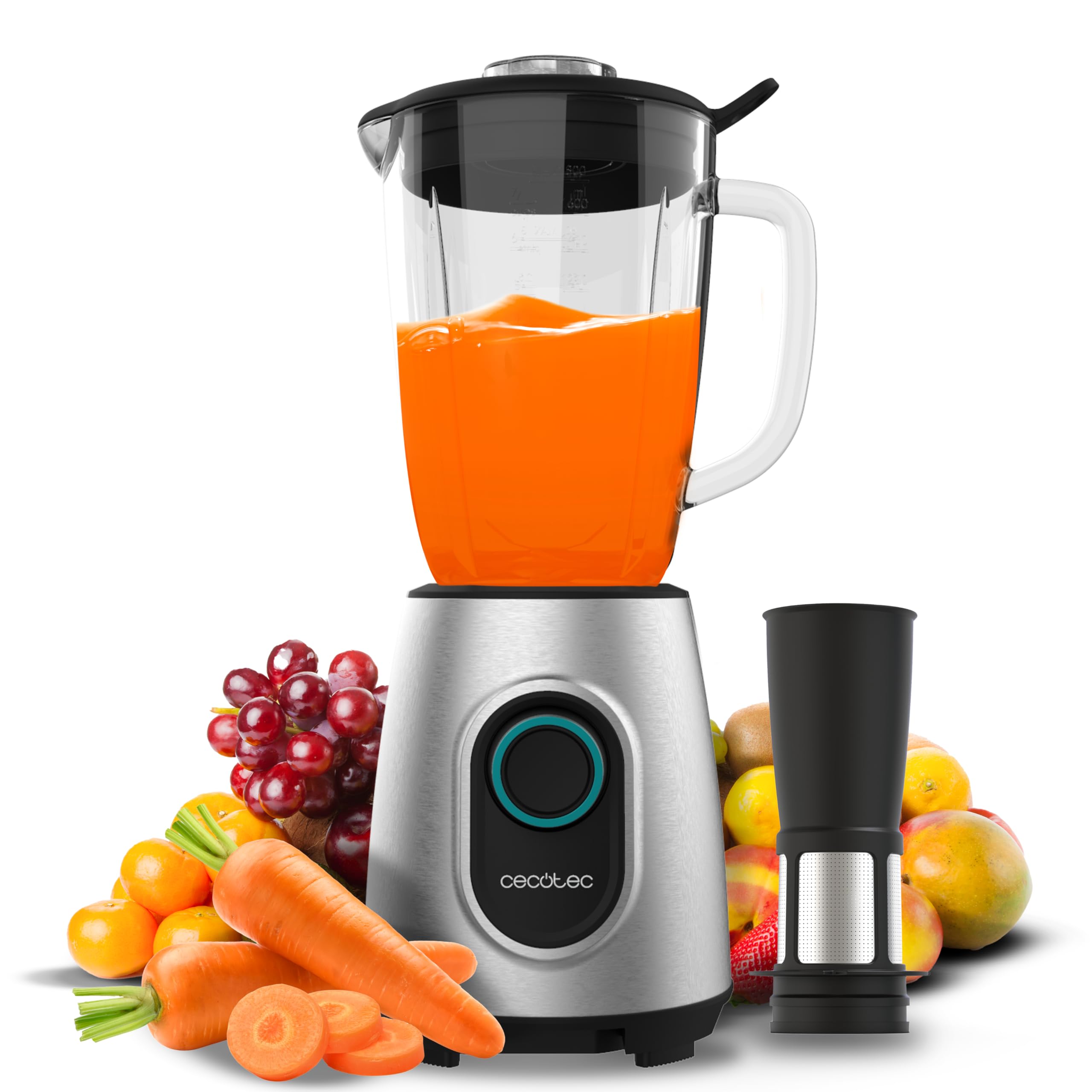Cecotec Batidora de Vaso Power Black Titanium 2000MAX Inox Pro. 1800W, 27800 RPM, 8 Cuchillas Titanio Negro, Jarra Vidrio 1.8L, 2 Velocidades, Pulse, Pica Hielo, Lavavajillas, Filtro Licuado, Acero