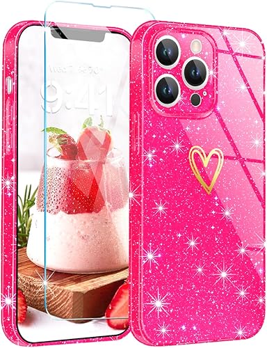 Funda para iPhone 13 Pro Max, con 1 protector de pantalla de vidrio templado Funda transparente con purpurina bonita y brillante a prueba de golpes,