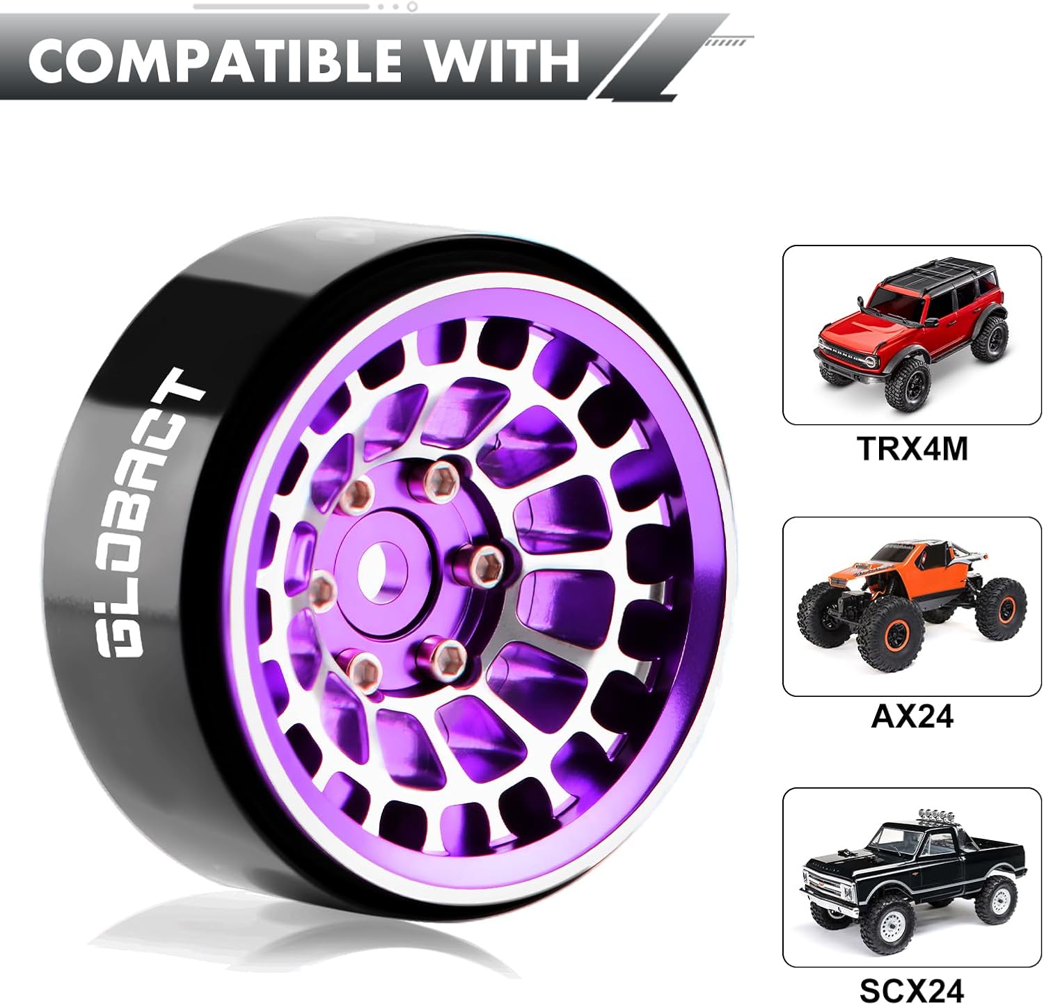 GLOBACT Aluminum Alloy 1.3" Beadlock Wheels -3.75mm Offset for SCX24 AX24 TRX4M Upgrade 1/18 1/24 RC Crawler Parts (Purple)