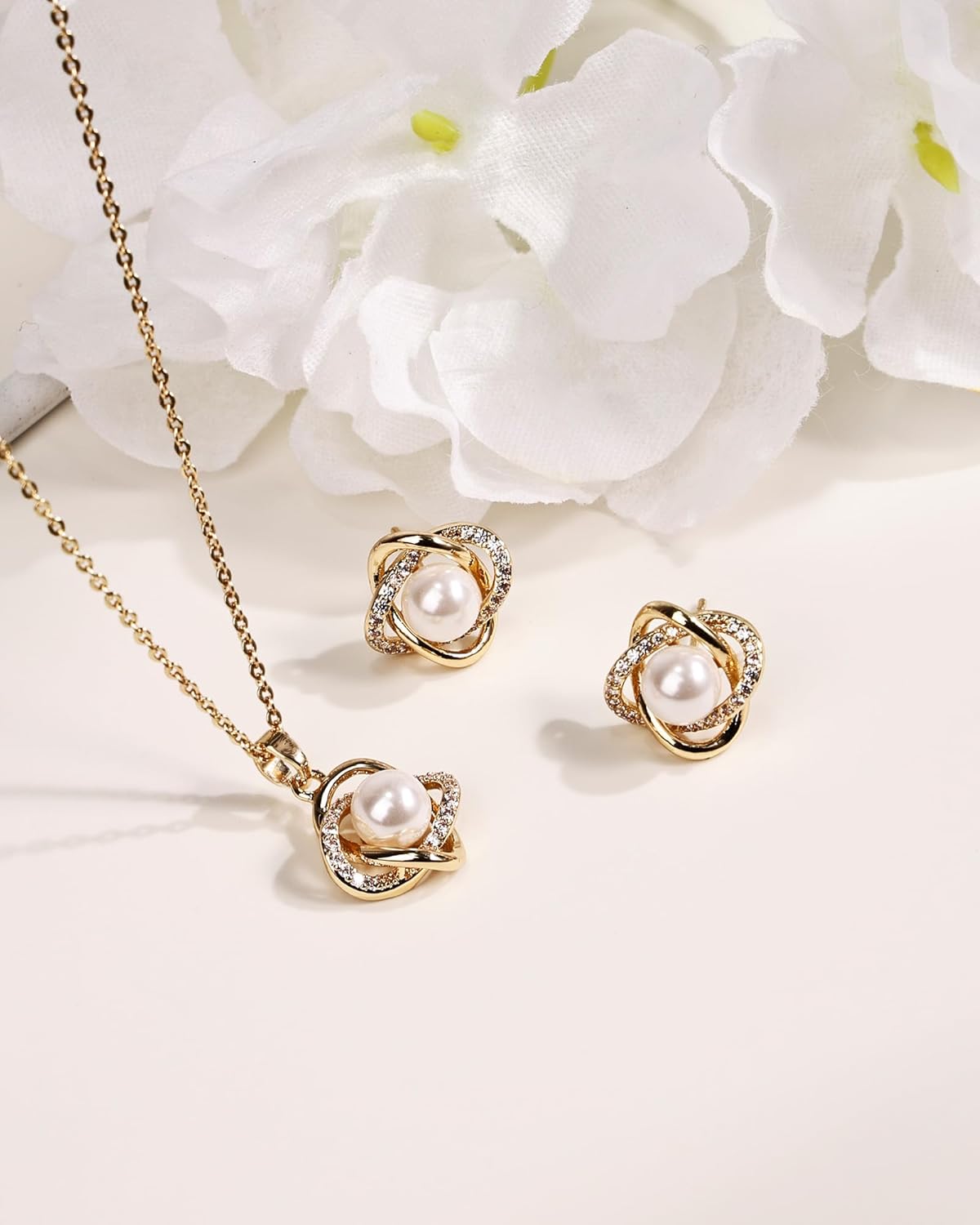 14K Gold Plated and Silver Pearl Jewelry Set for Women - Matching Pearl Necklace and Earring Set with Wrapped Design, June Birthstone Jewelry Set for Gift - Image 6