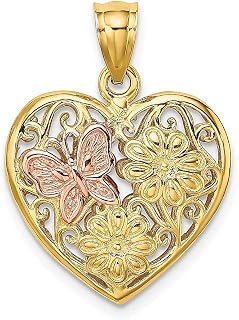 Colar reversível de ouro amarelo de dois tons 14k com coração 3D borboleta pingente amor inseto aracnídeo joias finas para mulheres presentes para ela