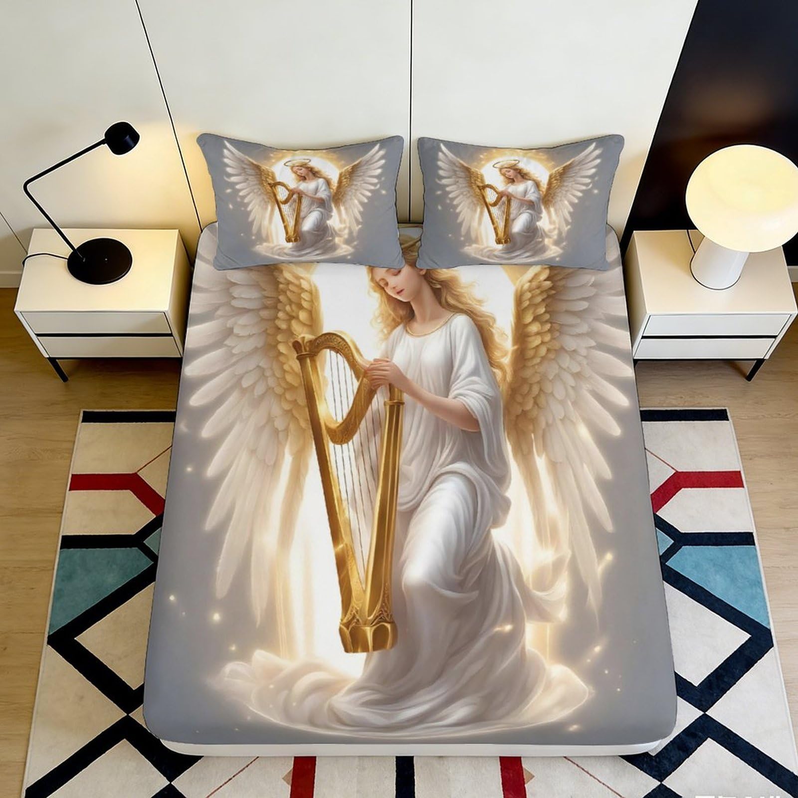 3D Printed Angel Harp Fitted Sheet Microfiber Soft Breathable Angel Wings Bed Cover for Bedroom Dormitory Guest Room Mattress Protection Decor 160x200x25cm