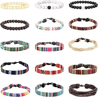15-24 Pcs Braided Bracelet Set Women Men Beads Leather Wristbands Boho Ethnic Tribal Linen Hemp Cords Wrap Bracelets String Handmade Jewelry