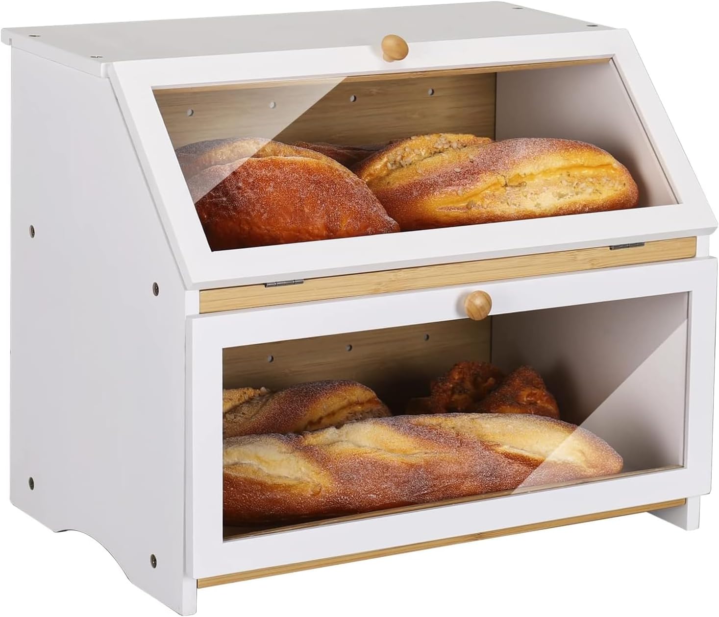 HOMEKOKO Double Layer Wood Bread Box for Kitchen Counter,Keep Fresh, White