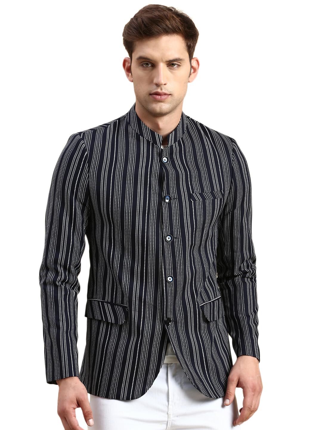 SHOWOFF Men's Striped Mandarin Collar Slim Fit Bandhgala Navy Blue Blazer-SOBLZ-79-8_NavyBlue_XL-image-9