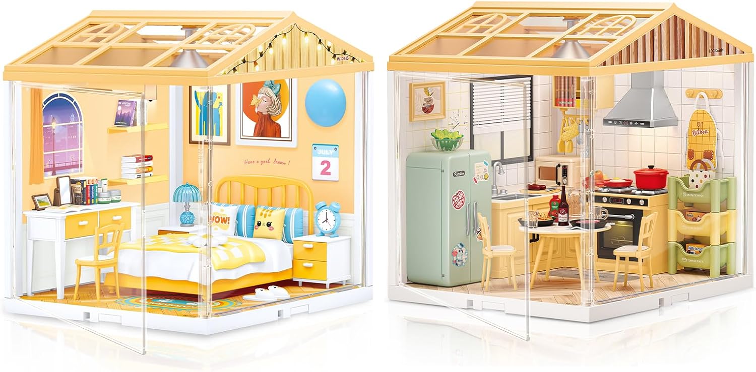 LED Building Blocks for Adults, 1:24 DIY Miniature Dollhouse Kits with Roof & Dustproof Cover, Tiny House Toy Building Sets for Kids Ages 8-12-15, Cozy Bedroom & Tidy Kitchen