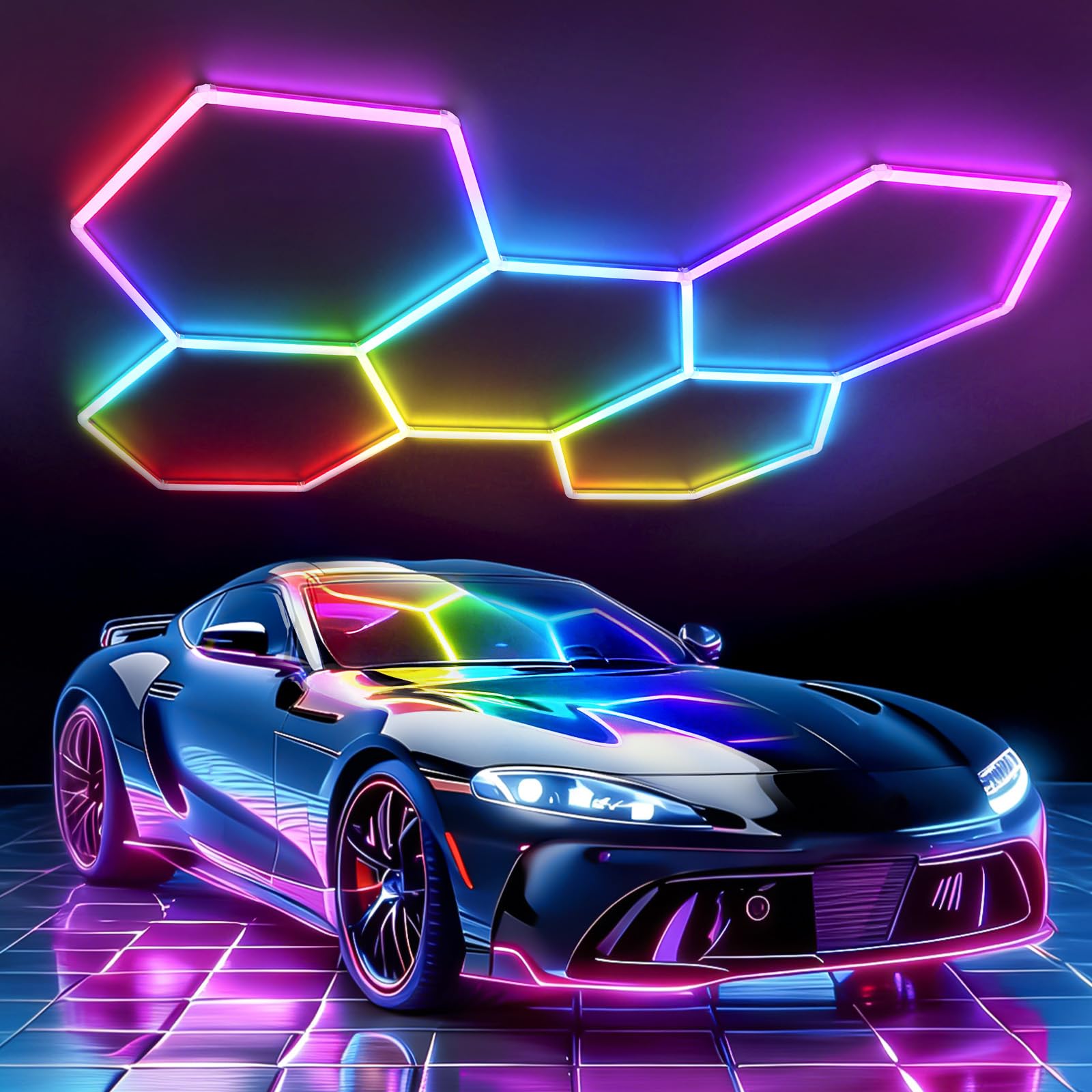 RGB LED Hexagon Deckenleuchte 5 Hex 216W dimmbare Garagenlampe | Musik-Synchronisationsmodus, App- & Fernbedienung Farbwechsel Wabenleuchte für Gaming-Zimmer Fitnessstudio Garage Bars Partei
