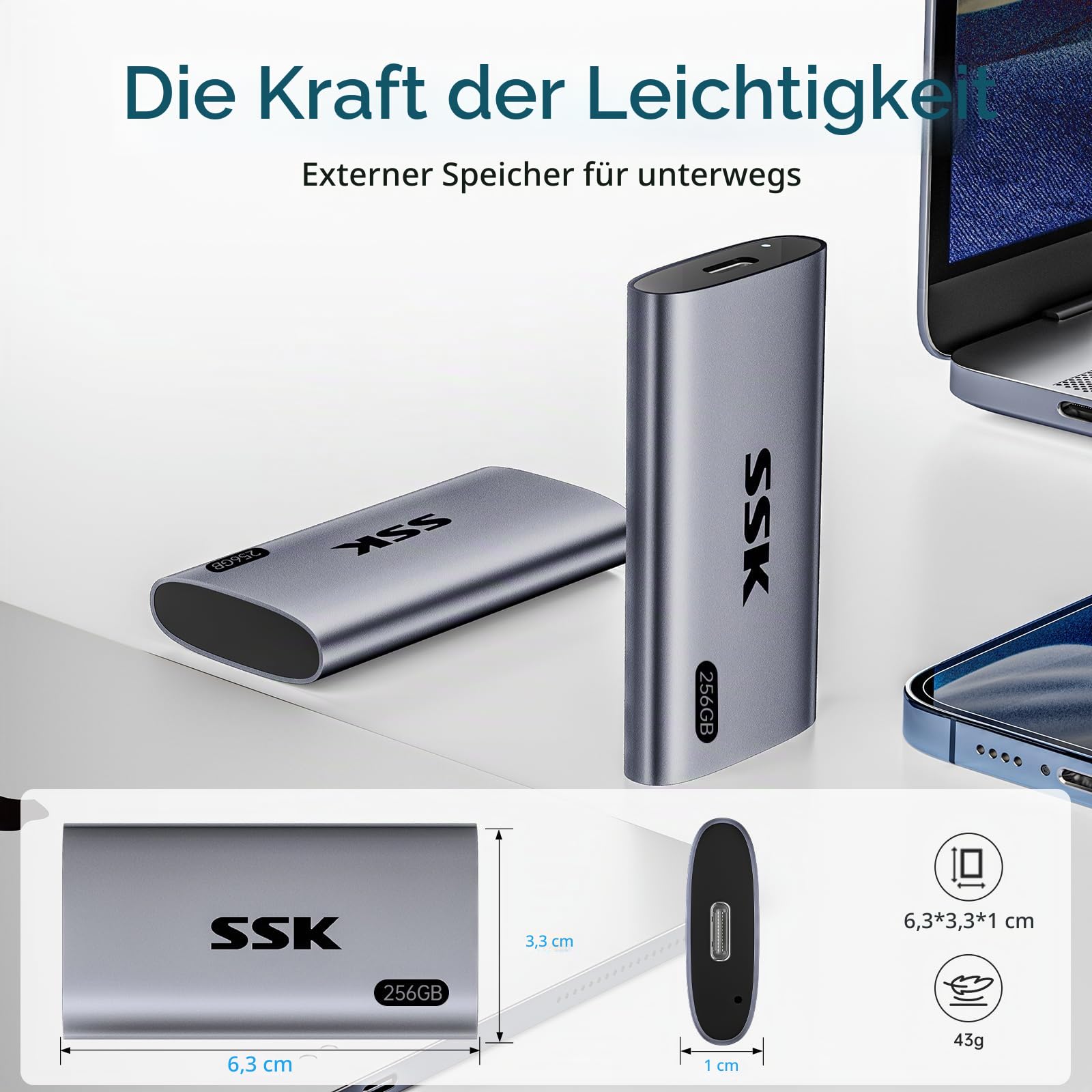 SSK Externe SSD 256GB, USB 3.2 Gen2 Portable SSD, bis zu 550 MB/s, Externe Festplatte mit USB C&A 2 in 1 Kabel, External Solid State Drive für iPhone 16/15/17-Serie/Laptop/Desktop/Smartphone/Tablet