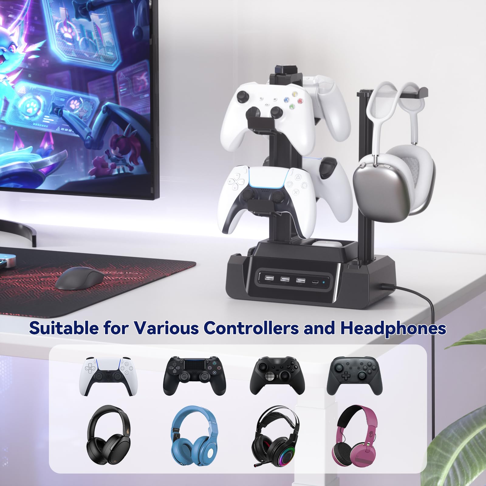 KDD Gaming Kopfhörer Ständer mit USB A Typ-C Ladegeräten, Headset Halterung Controller Halter mit Ladestation, Geräteschlitz für Handy Tablet, Kopfhörer für PC Gaming Zubehör