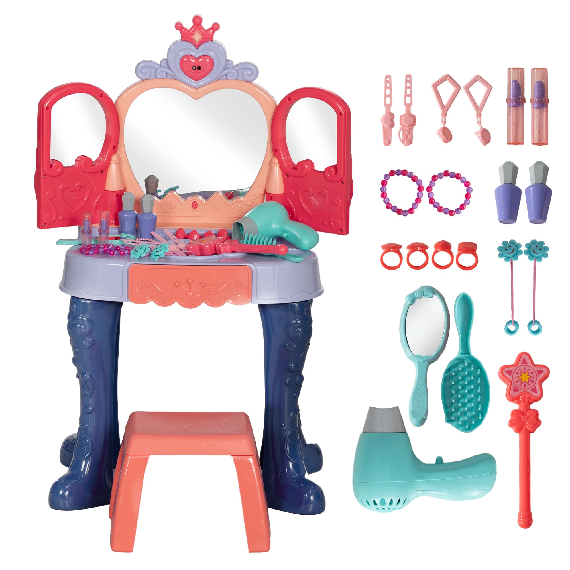 Vanity Set with Mirror and Stool, Toddler Makeup Table with Music, Light, Drawer, Hair Dryer, 20 Makeup Accessories, Girls Vanity for Ages 3 6, Multicolor