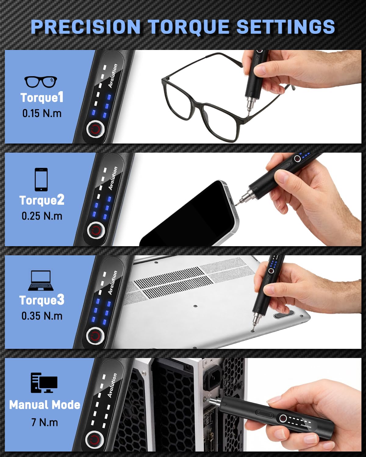 Avalution Juego de mini destornilladores eléctricos, kit de destornillador eléctrico 170 en 1, 154 puntas magnéticas S2, 3 ajustes de par, luces LED, kit de herramientas de destornillador de precisión
