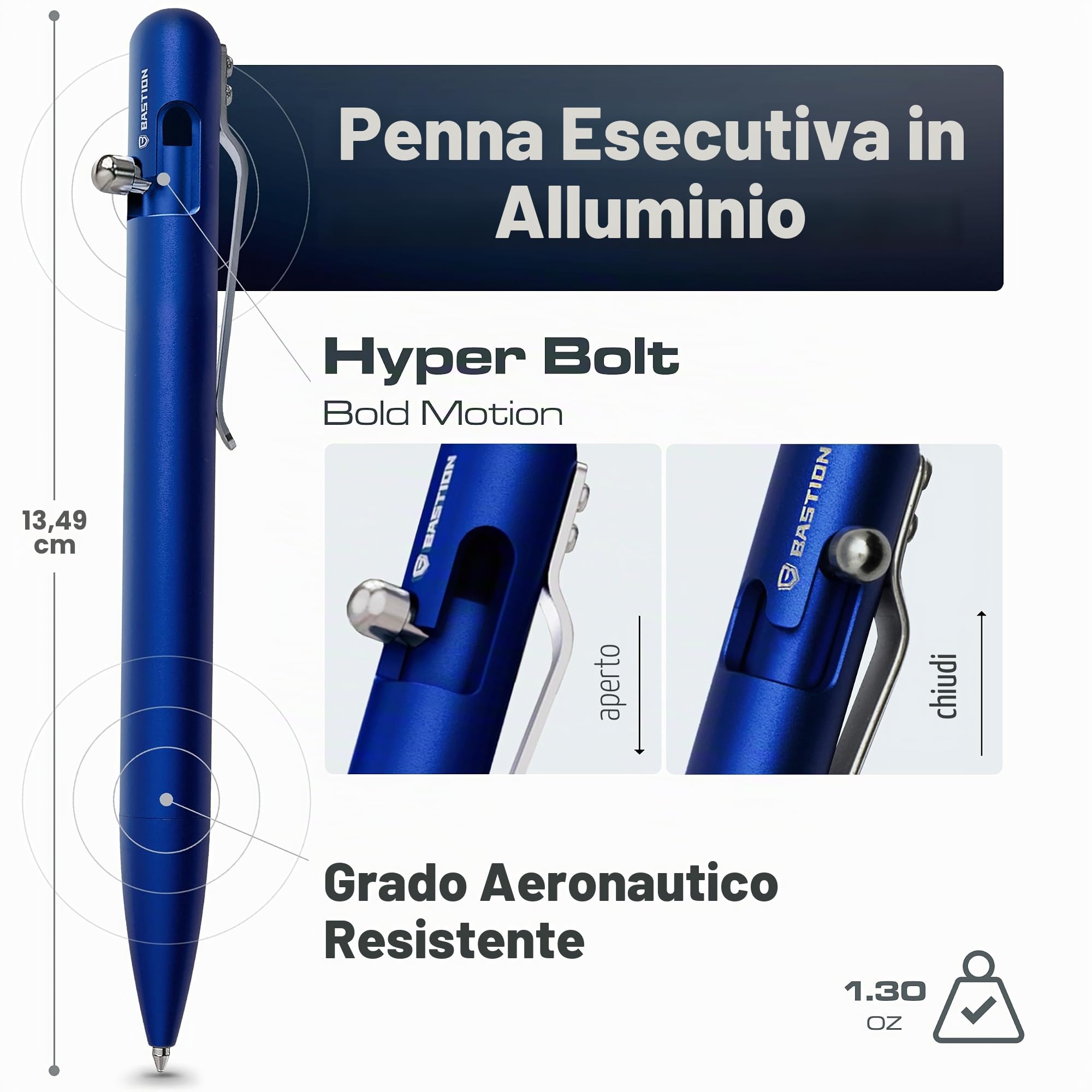 BASTION Penna leggera in alluminio (blu) Bolt Action | Inchiostro ricaricabile retrattile per ufficio penna regalo novità | Colore Metallo Luce