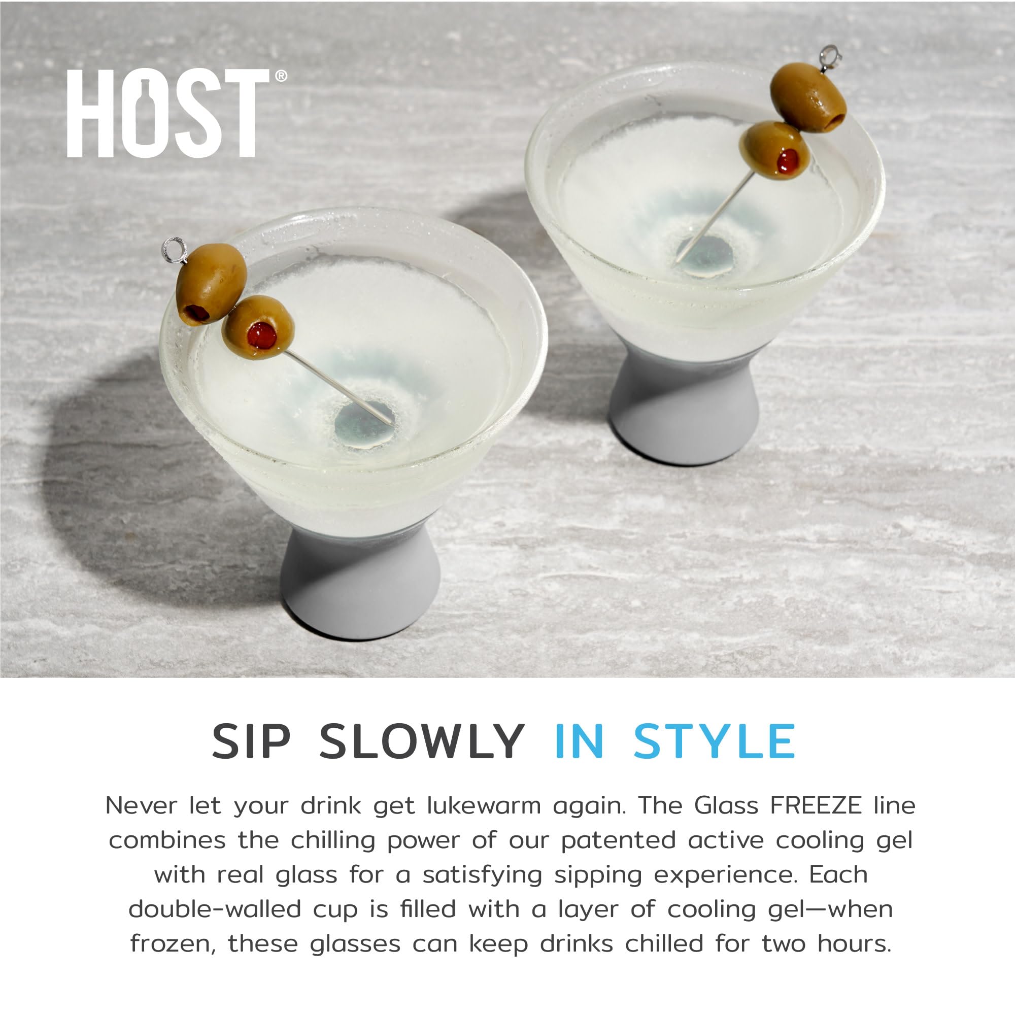 Host Bicchieri da Martini in vetro, isolanti, con fascia in silicone, divertenti bicchieri da cocktail con gel rinfrescante, 255 g, set da 2 pezzi, grigio