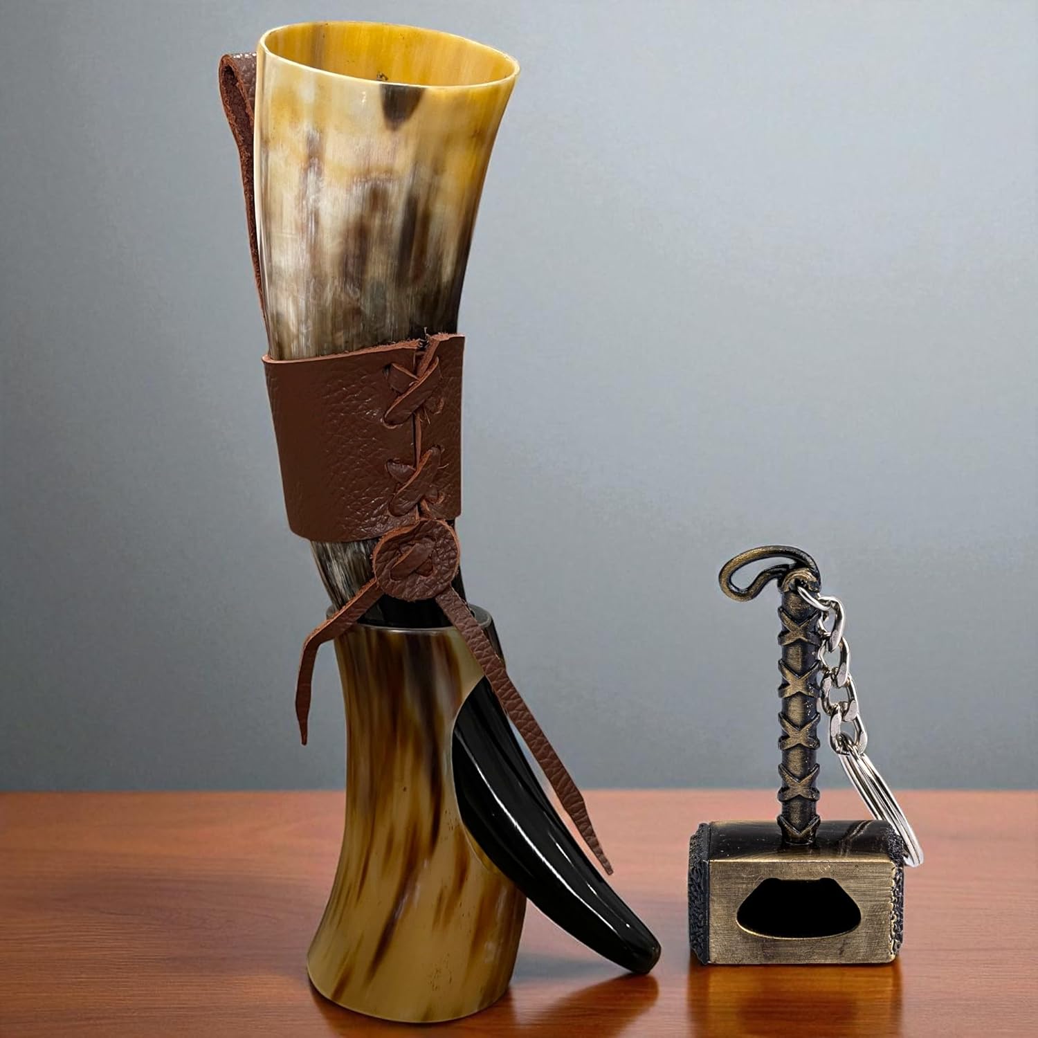 Drinking Horn — 10-12 Inch Viking Gifts for Men & Women | With Thor Bottle Opener & Stand | Handmade & Real Ox Horns | Norse Viking Cup Perfect For Beer, Ale, Mead (12 Oz) (Shine Polished Pack of 2)