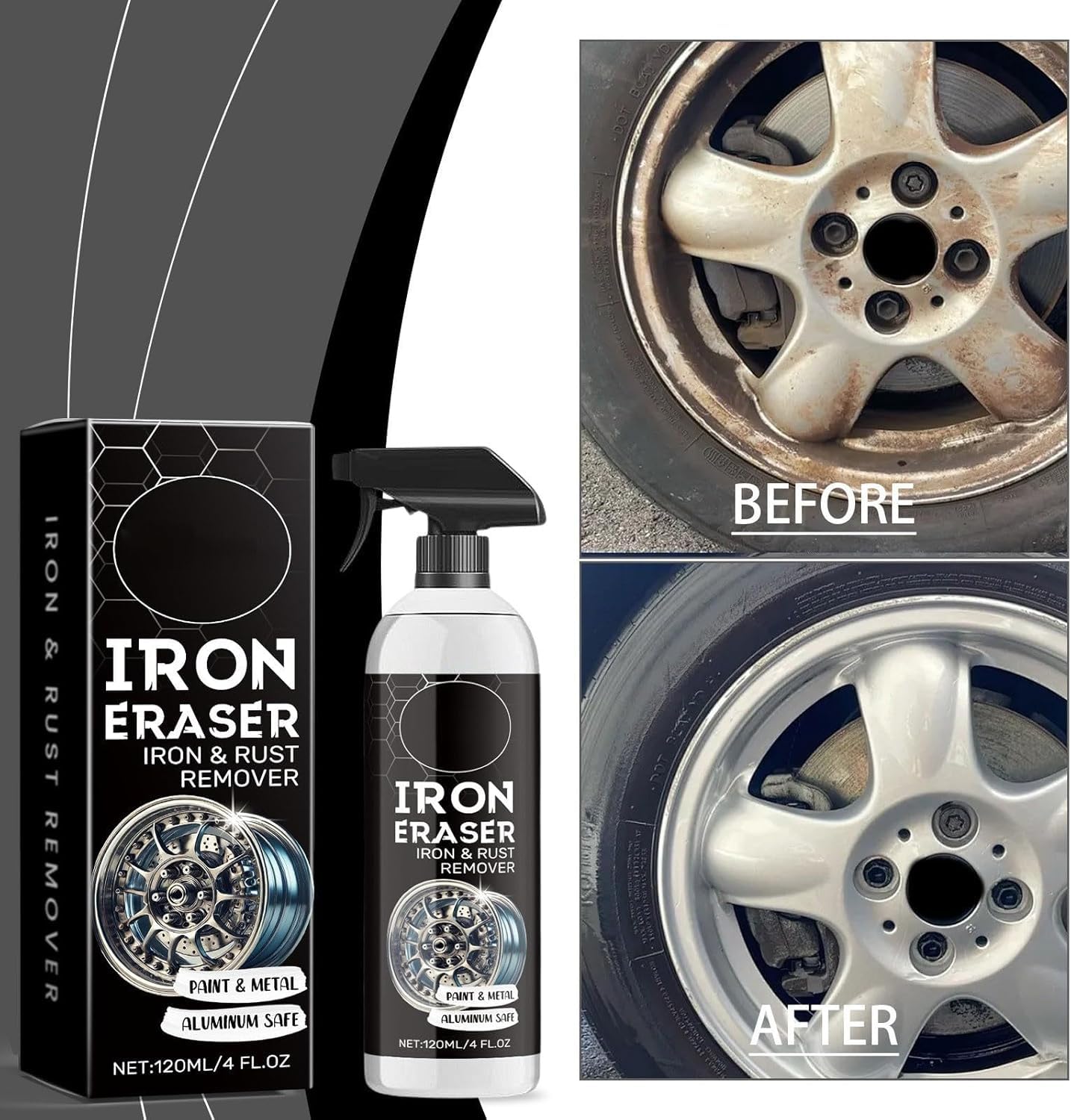 Generico Iron Eraser Spray Rimuovi Ruggine, Spray Rimuovi Polvere di Ferro per Cerchi Auto E Superfici Metalliche, Detergente per Polvere Freni E Cerchi, Spray per Pulizia Auto, 120 Ml (3pcs)