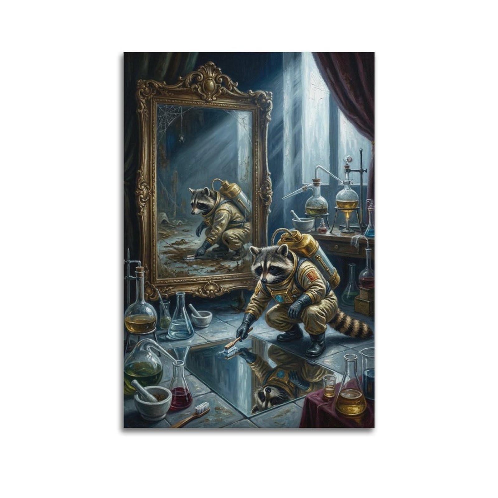 XKUGA Surreal Vintage Animal Poster Raccoon Mirror Laboratory Satire Modern Decorative Canvas Prints - Ideal Wall Art for Family, Man Cave, Game Room, Boys & Girls Bedroom 20x30inch(50x75cm)