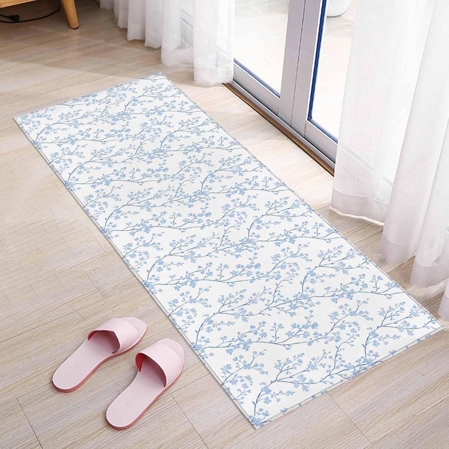 Kitchen Mats for Floor Light Blue Branch Flowers Texture Washable Non Slip Kitchen Rugs 1PCS, Summer Botanical Absorbent Standing Mats for Sink Bathroom Office Living Room 15.7x47.2in