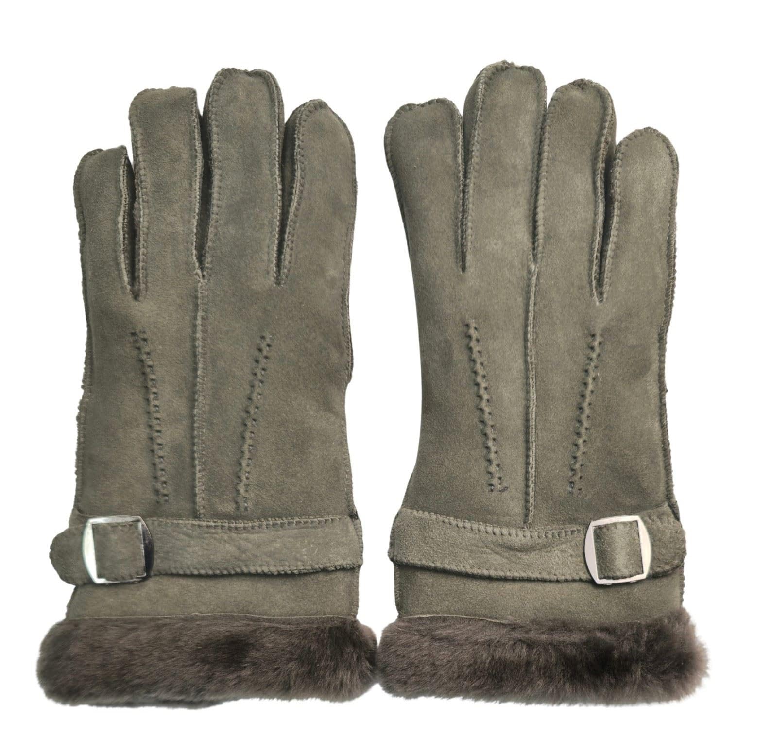 Truclothing Men's Grey Genuine Sheepskin Leather Gloves Winter Shearling Lined Adjustable Buckle Strap - S