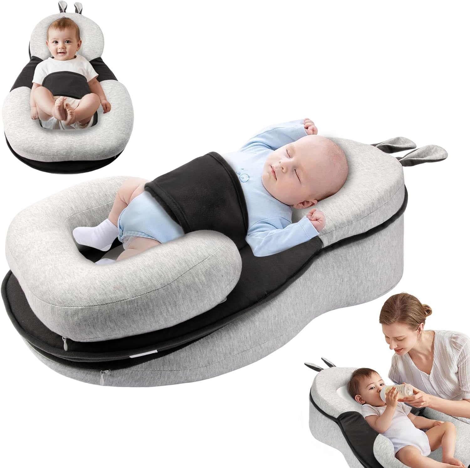 Baby Lounger,Pillow with Safety Straps, Dual-Function Removable Machine-Washable Pad, Lightweight & Portable(Gray)